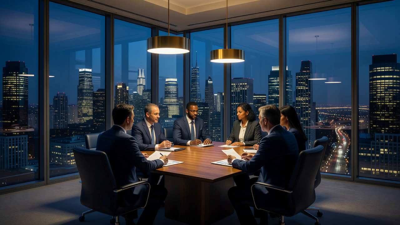 Executive team in a strategy meeting above the city